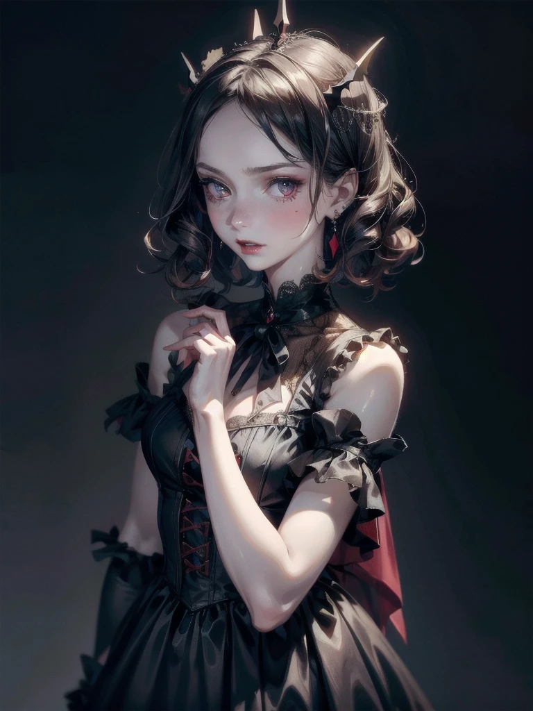 vampire woman, Victorian dress, absurdres, RAW photo, extremely delicate and beautiful, masterpiece, Best Quality, ultra high resolution, 32k, hyperrealistic, ultra-detailed, detailed description, pale skin, 20 years old, tearful mole, earring, short medium hair, wavy hair, full body shot,