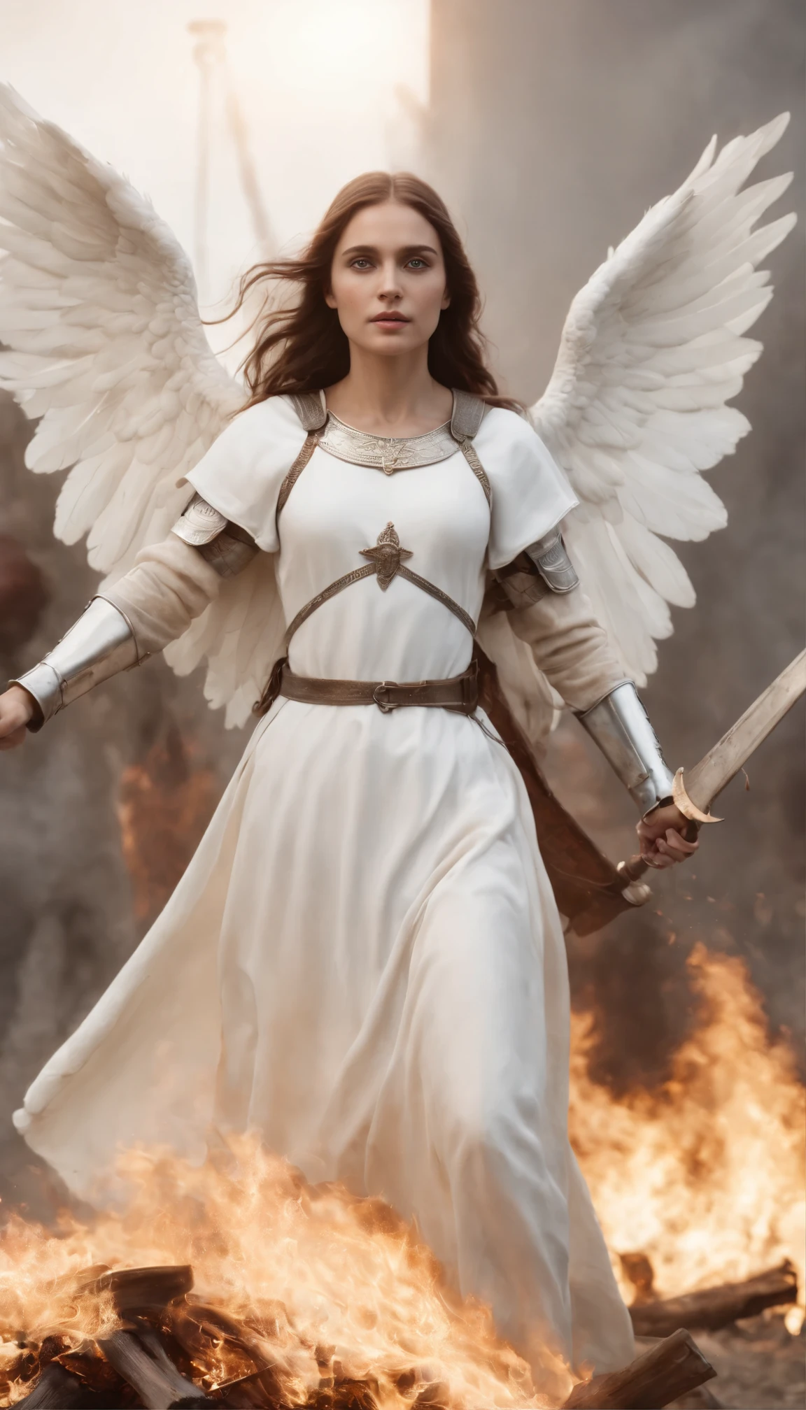 Joan of Arc, dressed in white, being burned, burned at the stake, two guardian angels at her side, two angels next to her.

Cinematic shot, Different camera angles. A high level of detail and professionalism is required ,photorealistic,mj, Photorealistic, hyper detailed, octane render, raytracing, ambient occlusion, 16K UHD, The lighting is cinematic, as if it were filmed in IMAX with a DSLR camera.
The bokeh adds a mysterious touch.,DonMD34thM4g1cXL