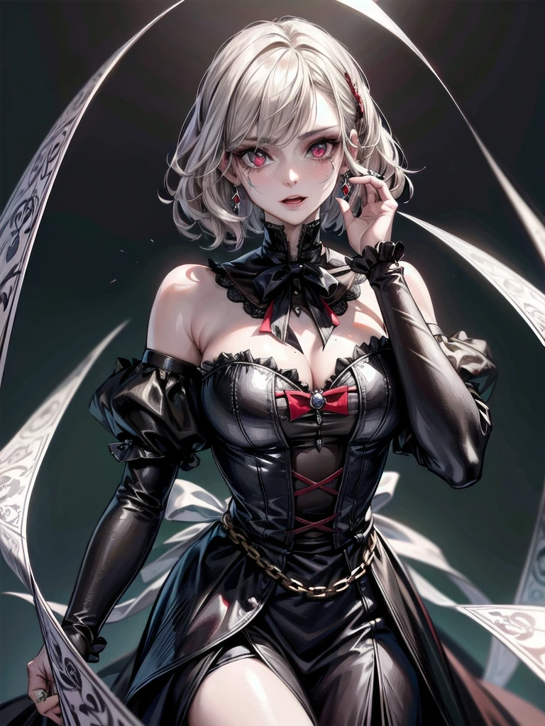 vampire woman, Victorian dress, absurdres, RAW photo, extremely delicate and beautiful, masterpiece, Best Quality, ultra high resolution, 32k, hyperrealistic, ultra-detailed, detailed description, pale skin, 20 years old, tearful mole, earring, short medium hair, wavy hair, full body shot,