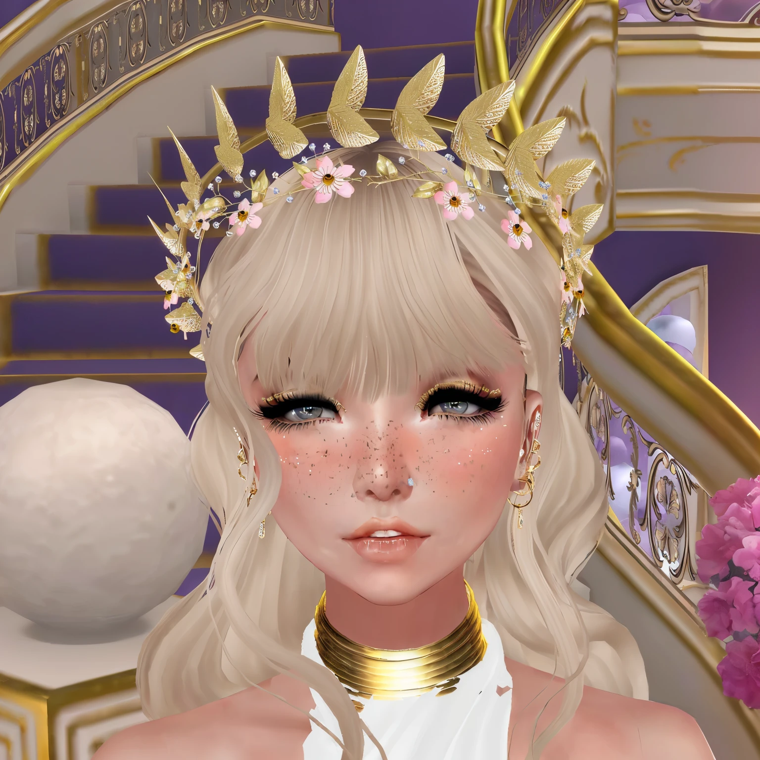 blond haired woman with a gold crown and a white dress, wearing gilded ribes, second life avatar, (((happy))) elf princess, imvu, fantasy aesthetic!, ethereal flowerpunk, ethereal hair, ethereal skin, ethereal vaporous tan skin, ((a beautiful fantasy empress)), , glamor profile pose, inspired by Sim Sa-jeong, detailed face )