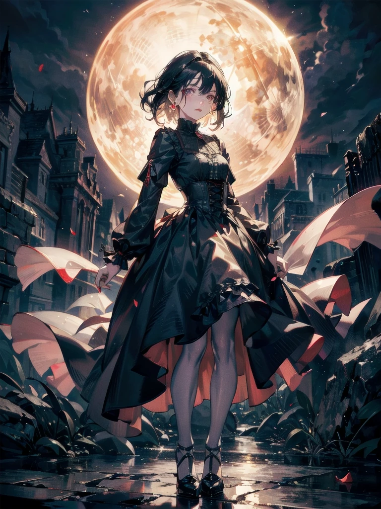 vampire woman, Victorian dress, absurdres, RAW photo, extremely delicate and beautiful, masterpiece, Best Quality, ultra high resolution, 32k, hyperrealistic, ultra-detailed, detailed description, pale skin, 20 years old, tearful mole, earring, short medium hair, wavy hair, full body shot,