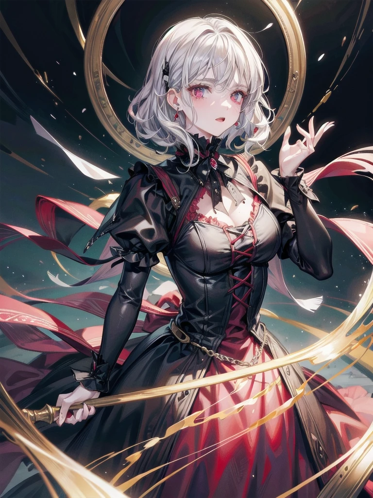 vampire woman, Victorian dress, absurdres, RAW photo, extremely delicate and beautiful, masterpiece, Best Quality, ultra high resolution, 32k, hyperrealistic, ultra-detailed, detailed description, pale skin, 20 years old, tearful mole, earring, short medium hair, wavy hair, full body shot,
