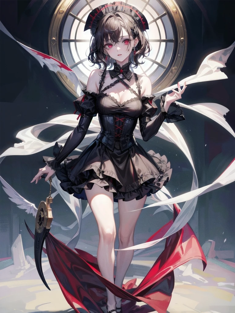 vampire woman, Victorian dress, absurdres, RAW photo, extremely delicate and beautiful, masterpiece, Best Quality, ultra high resolution, 32k, hyperrealistic, ultra-detailed, detailed description, pale skin, 20 years old, tearful mole, earring, short medium hair, wavy hair, full body shot,