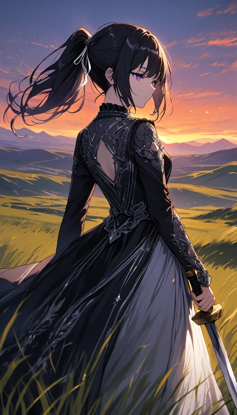 solo lady、shiny black hair、shiny purple eyes、short highponytail
、1white ribbon:1.1、[middle breast:0.8]、(silver detailed black Gothic Dress)、Holding a sword、standing,looking away:1.1,sunset,Background of mountains in the distance、grassland、half-closed eyes,closed mouth,cowboy shot,Wind、