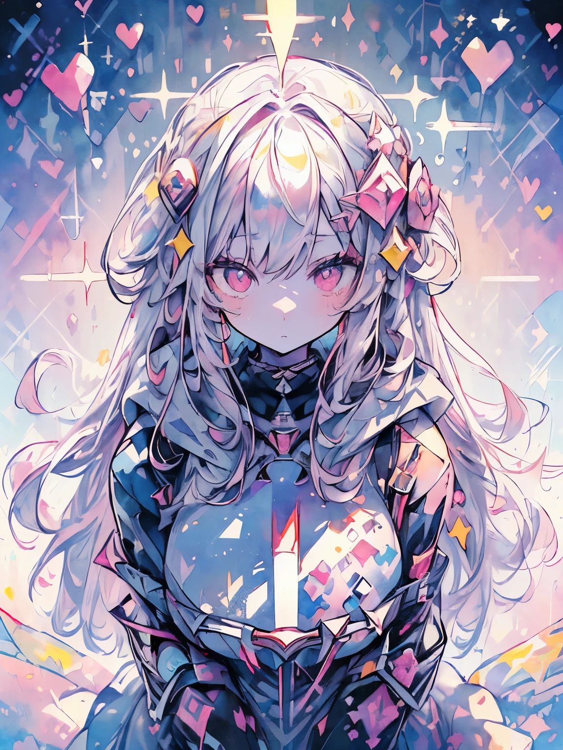((((masterpiece, highest quality, Super detailed, very_expensive_solve, big_file size, Full Color)))), One girl, Silver long hair, Pink Eyes, Wearing a fluffy white hoodie, Heart-shaped pupils, (((From above))), (((Angle From above))), Lens flare, Bokeh, Shine, ((watercolor))