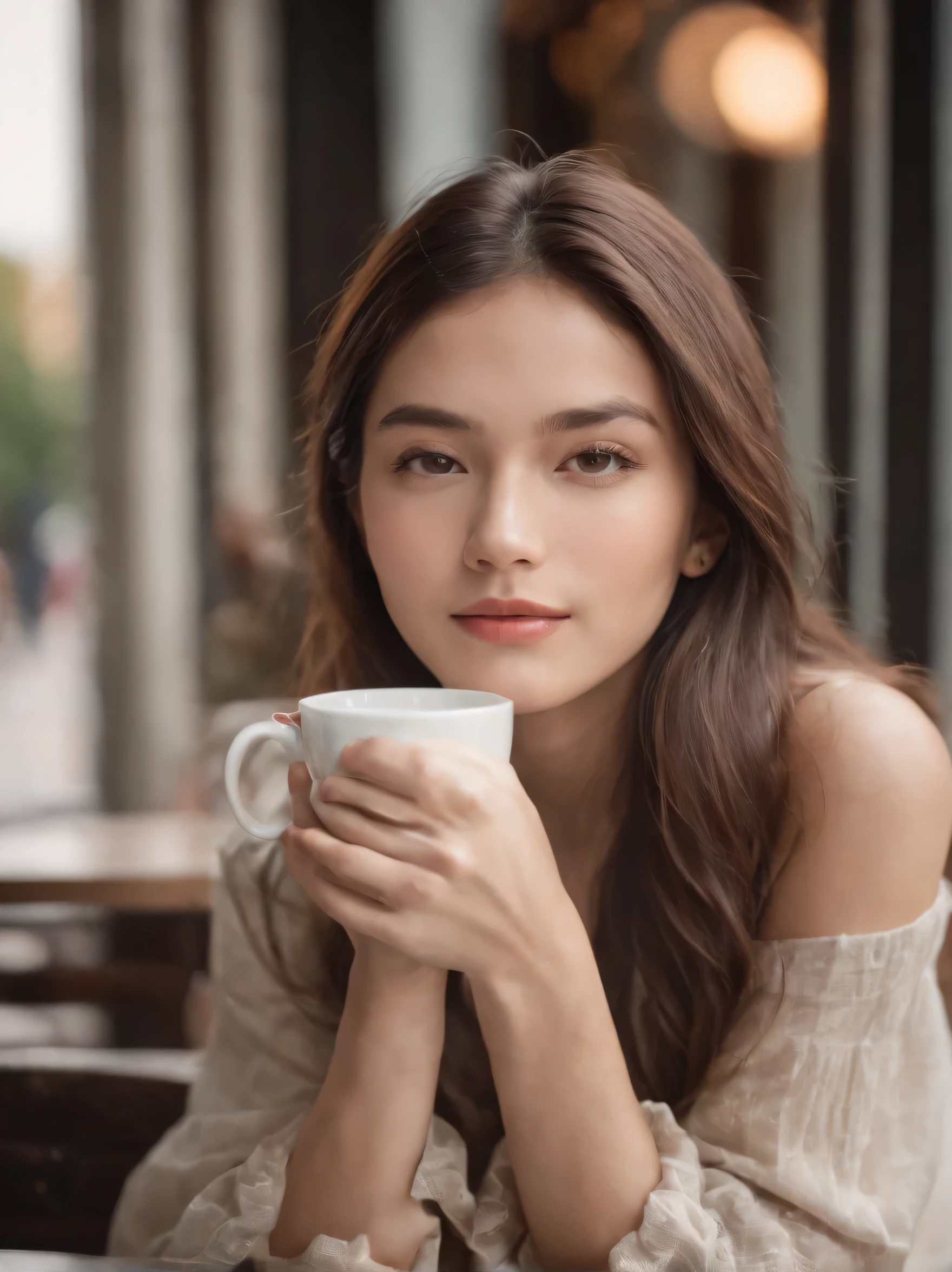 resembling a relaxed, half-Japanese, half-Caucasian beautiful young woman, around 20 years old, sitting on a bench at a café, the highest quality, with fair and flawless skin, a small face, and in 8K resolution,with a cup of coffee,