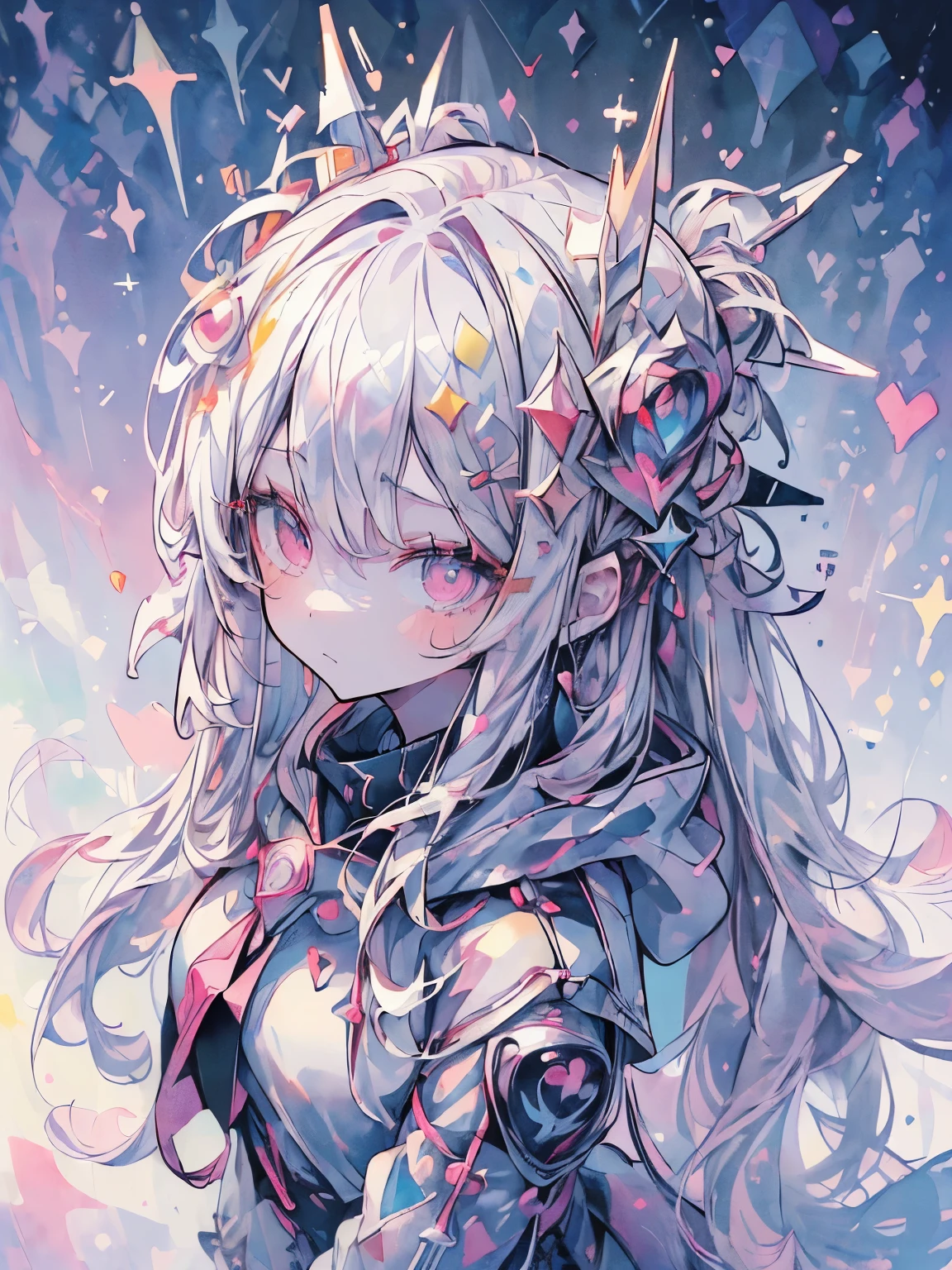 ((((masterpiece, highest quality, Super detailed, very_expensive_solve, big_file size, Full Color)))), One girl, Silver long hair, Pink Eyes, Wearing a fluffy white hoodie, Heart-shaped pupils, (((From above))), (((Angle From above))), Lens flare, Bokeh, Shine, ((watercolor))