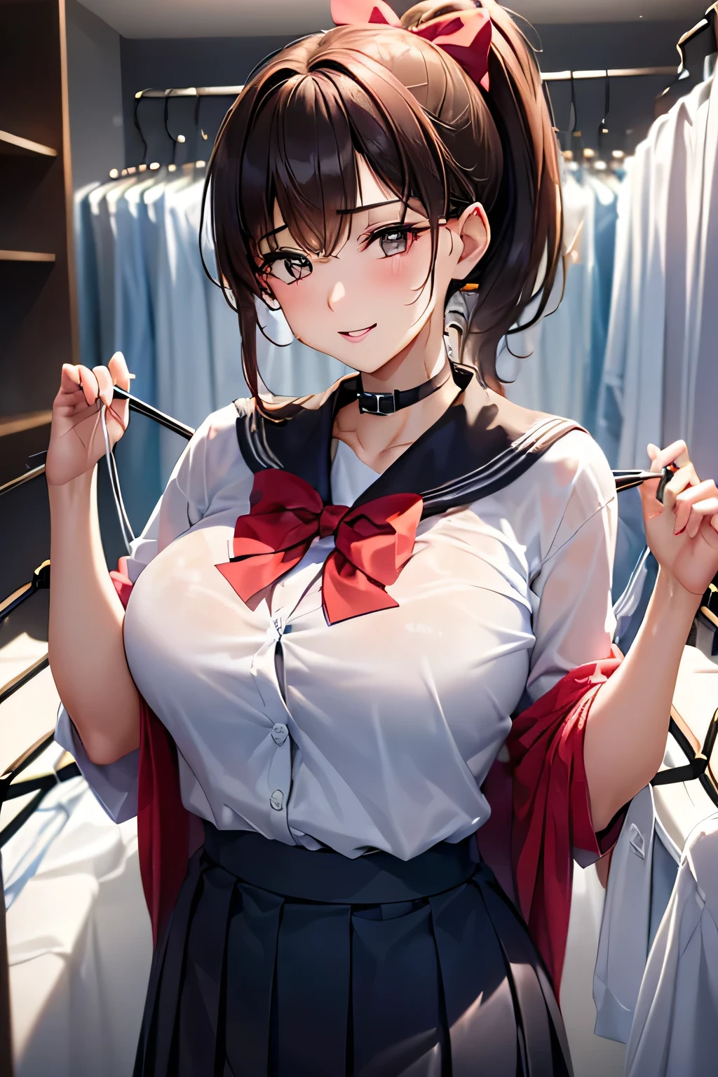 (((Adult female:1.3))),(((Change clothes in the changing room:1.3))),(((clothes on hangers:1.3))),(((Sailor suit))),(((Pleated skirt revealing skin))),(Dark red bow tie:1.3),Cute face,Extreme close up of face,Shiny light brown and orange striped short hair,Messy ponytail,Cute Smile,Perfect round face,iris,(hairpin、ponytail、Floating Hair、),Large Breasts.Professional Lighting,Cinematic Light,(Tabletop,highest quality,Ultra-high resolution output images,) ,(8K quality,),(Ocean Art 2.0 Mode:1.3),(Picture Mode Ultra HD,)