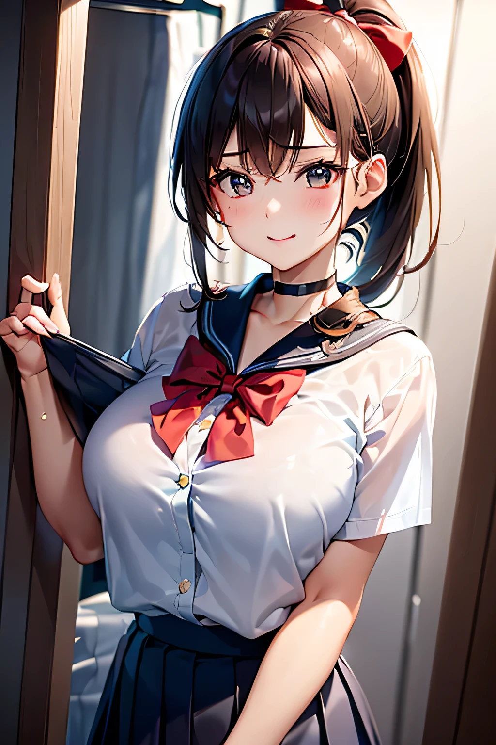 (((Adult female:1.3))),(((Change clothes in the changing room:1.3))),(((clothes on hangers:1.3))),(((Sailor suit))),(((Pleated skirt revealing skin))),(Dark red bow tie:1.3),Cute face,Extreme close up of face,Shiny light brown and orange striped short hair,Messy ponytail,Cute Smile,Perfect round face,iris,(hairpin、ponytail、Floating Hair、),Large Breasts.Professional Lighting,Cinematic Light,(Tabletop,highest quality,Ultra-high resolution output images,) ,(8K quality,),(Ocean Art 2.0 Mode:1.3),(Picture Mode Ultra HD,)