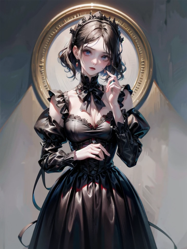 vampire woman, Victorian dress, absurdres, RAW photo, extremely delicate and beautiful, masterpiece, Best Quality, ultra high resolution, 32k, hyperrealistic, ultra-detailed, detailed description, pale skin, 20 years old, tearful mole, earring, short medium hair, wavy hair, full body shot,