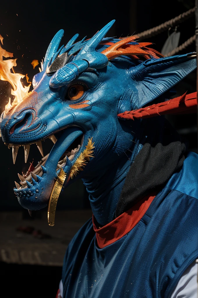 DRAGON, AZUL , IMPONENTE, FONDO CANCHA DE FUTBOL AMERICANO, BALON AMERICANO, CUERNOS, FUEGO AZUL, OJOS AZULES,  ESCAMAS BRILLOSAS, ORO, CADENAS, HUMO, FUEGO, TOCHITO, AMERICANO  FLAG
