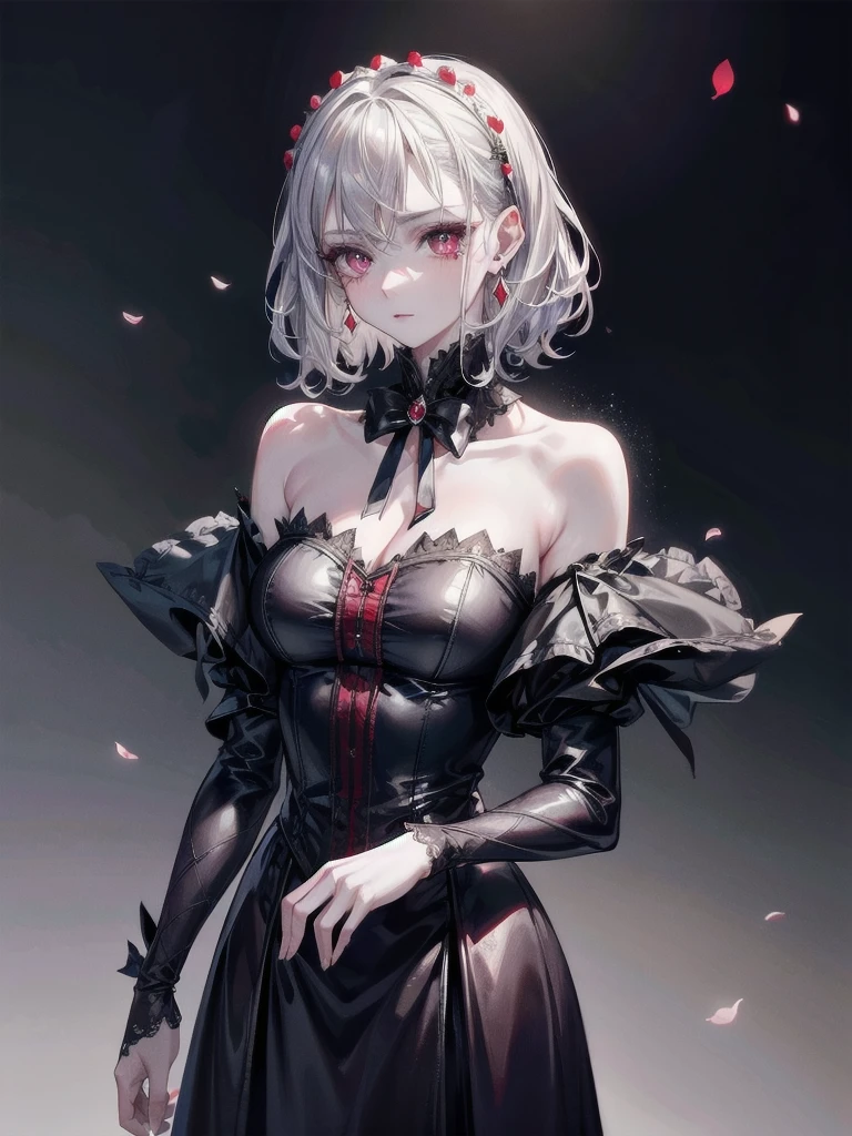 vampire woman, Victorian dress, absurdres, RAW photo, extremely delicate and beautiful, masterpiece, Best Quality, ultra high resolution, 32k, hyperrealistic, ultra-detailed, detailed description, pale skin, 20 years old, tearful mole, earring, short medium hair, wavy hair, full body shot,