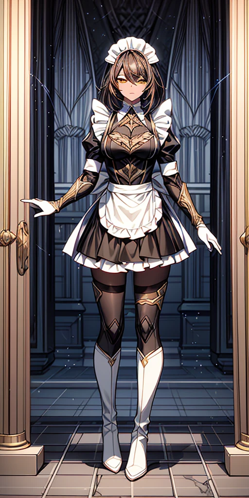 Full body standing straight symmetrical (mature female:1.4) (masterpiece, best quality) (maid, maid headdress, maid apron) indoors, window, best quality, high quality, dark black SKIN. Long messy hair, yellow eyes, full body, def_effie, blue breastplate, looking at viewer, shiny armor, thigh highs, high boots, shoulder armor, faulds, poleyn, red gloves gauntlets