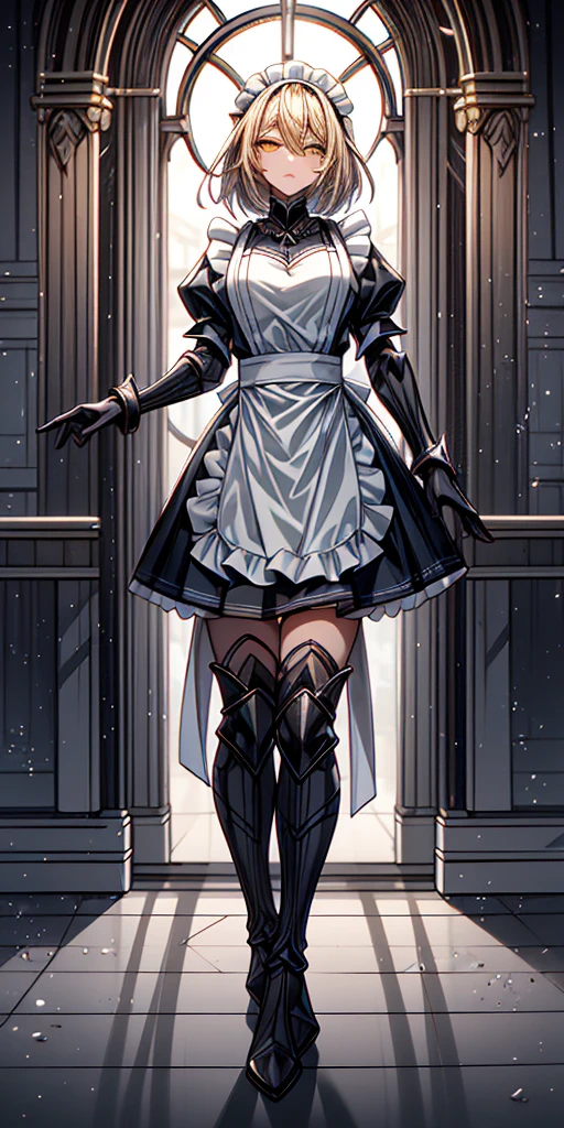 Full body standing straight symmetrical (mature female:1.4) (masterpiece, best quality) (maid, maid headdress, maid apron) indoors, window, best quality, high quality, dark black SKIN. Long messy hair, yellow eyes, full body, def_effie, blue breastplate, looking at viewer, shiny armor, thigh highs, high boots, shoulder armor, faulds, poleyn, red gloves gauntlets