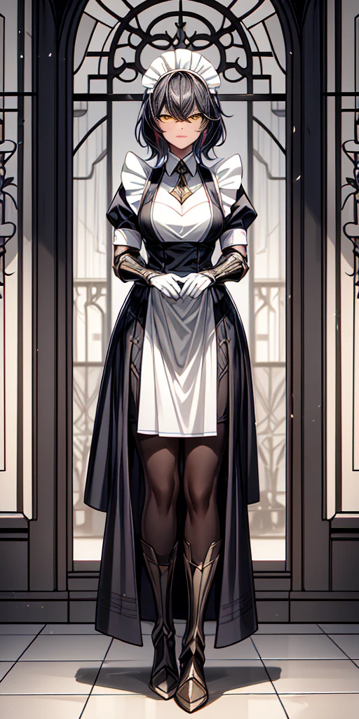 Full body standing straight symmetrical (mature female:1.4) (masterpiece, best quality) (maid, maid headdress, maid apron) indoors, window, best quality, high quality, dark black SKIN. Long messy hair, yellow eyes, full body, def_effie, blue breastplate, looking at viewer, shiny armor, thigh highs, high boots, shoulder armor, faulds, poleyn, red gloves gauntlets