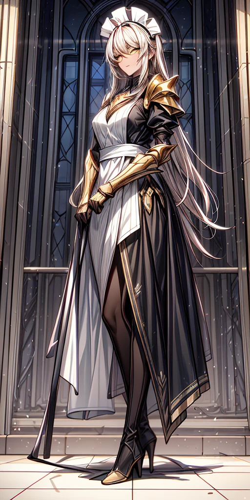 Full body standing straight symmetrical (mature female:1.4) (masterpiece, best quality) (maid, maid headdress, maid apron) indoors, window, best quality, high quality, dark black SKIN. Long messy hair, yellow eyes, full body, def_effie, blue breastplate, looking at viewer, shiny armor, thigh highs, high boots, shoulder armor, faulds, poleyn, red gloves gauntlets