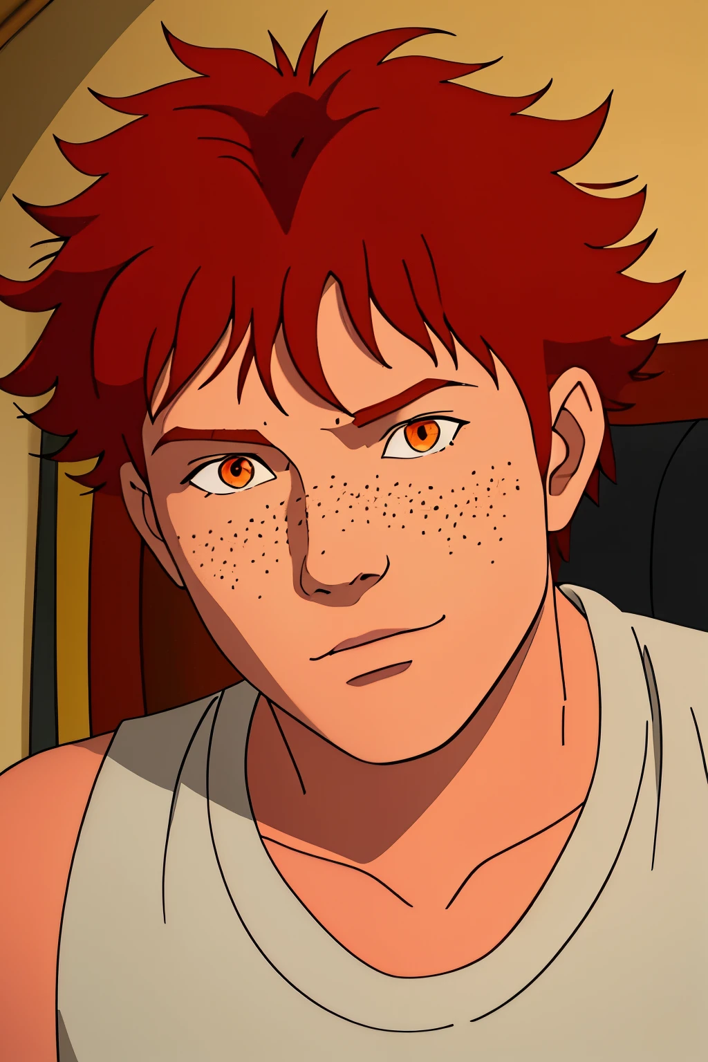 close up, 1boy in, Solo, 18 years old, ginger hair, red hair, messy hair, fluffy hair, orange eyes, freckles, (detailed living room background:1.1), chilling, 4k textures, soft light, elegant, highly detailed, sharp focus, soothing tones, insane details, intricate details, hyperdetailed, low contrast, exposure blend, hdr, faded