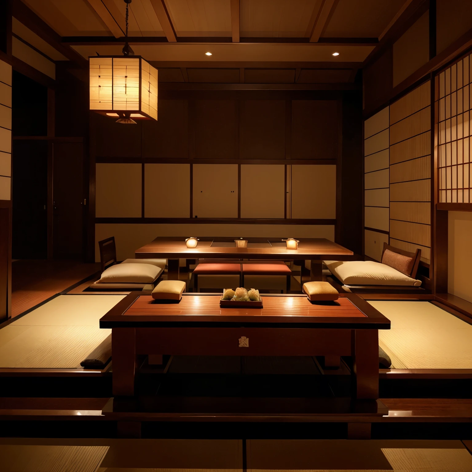 (best quality,highres,ultra-detailed),interior of a Japanese restaurant,red-themed sushi bar,traditional Japanese decor,modern design elements,sleek and elegant atmosphere,warm and inviting ambience,exquisite attention to detail,impeccable craftsmanship,meticulously handcrafted furnishings,illuminating the space with soft warm light,subtle touch of natural lighting,delicate cherry blossom motifs,authentic tatami flooring,low tables and floor cushions,beautifully crafted wooden sushi bar,highest quality dark hardwood countertops,dramatic red wooden panels,rich and vibrant shades of red,hanging lanterns casting a warm glow,overflowing with traditional Japanese ceramics,impressive display of fresh fish and seafood,artistic arrangements of colorful sushi rolls,precise and skillful sushi chefs,creating culinary masterpieces,graceful and precise knife techniques,meticulously prepared nigiri sushi,meticulously prepared nigiri sushi,traditional Japanese tea sets,offering a variety of premium sake,Japanese artwork adorning the walls,featuring traditional landscapes and calligraphy,tatami mat seating,comfortable yet elegant,offering an intimate dining experience,providing an immersive cultural experience,transporting guests to Japan's vibrant culinary scene
