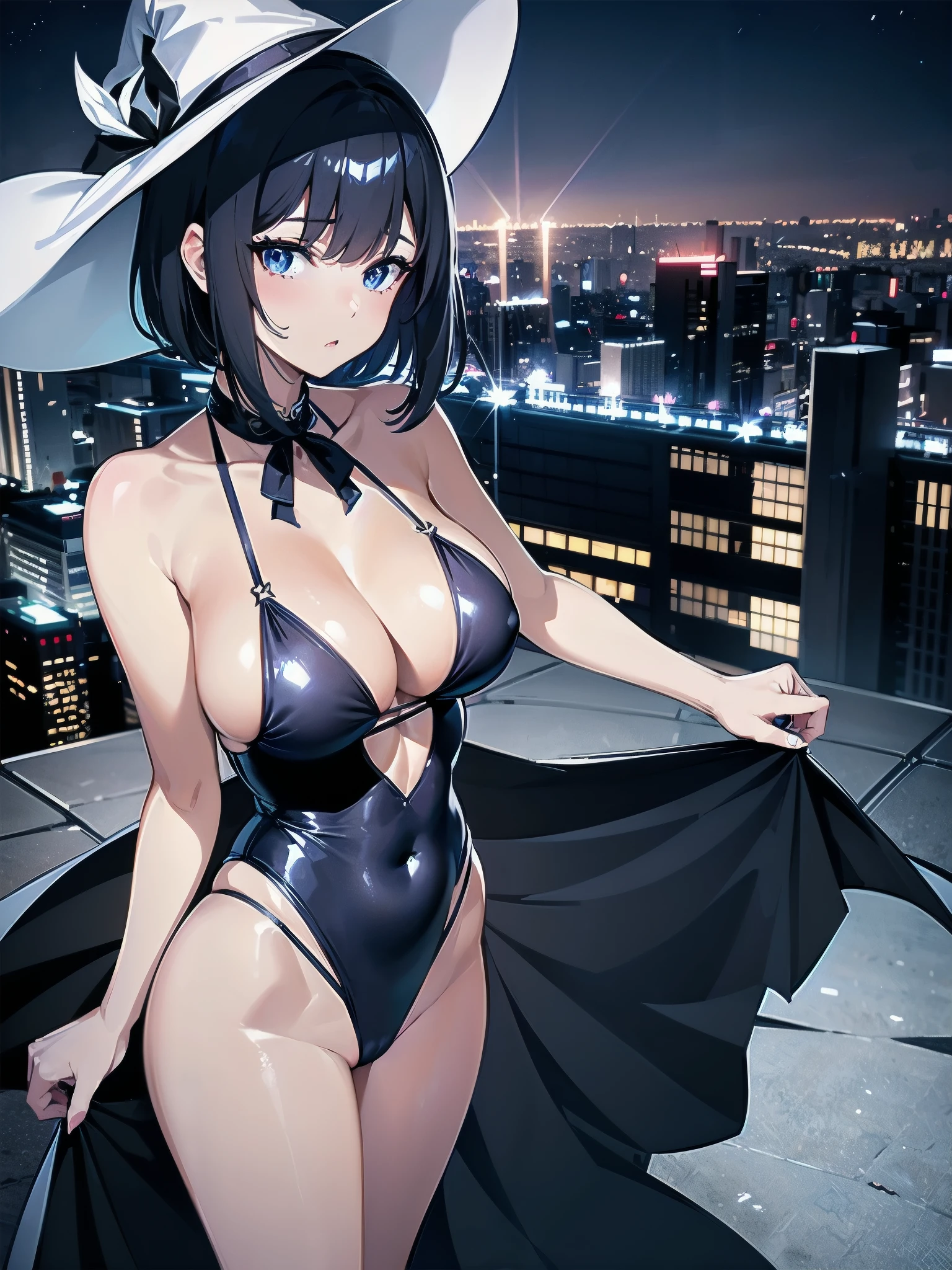 A girl stands on the rooftop of a high-rise building with a panoramic view of late-night Tokyo below.、She has a short bob with a white lob of hair and wears a large black witch hat with sapphire jewelry.、A high school student wearing a navy blue bikini-type swimsuit with a white ribbon、She wears a large witch's hat with a small sapphire accessory、A few star creams、Beautiful starry sky、Beautiful night view、large witch's hat 、Navy blue bikini pants that dig into your stomach、Small breasts、Small breasts、Navy blue swimsuit top with white frills、I see my stomach、The area around the stomach is bare skin.、Belly button、Halterneck bikini、She is wearing hot pants