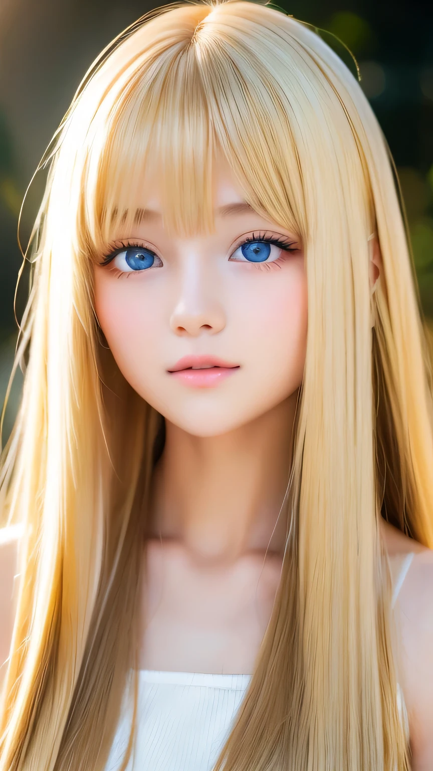 Beautiful super long straight silky hair with a dazzling golden shine、Bright expression、Blonde girl posing in a white top、Long golden bangs between the eyes,,、Glossy fair skin、Glowing Cheeks、Reality Girls、16-year-old girl、Beautiful girl with shining golden platinum blonde、Beautiful big bright blue eyes