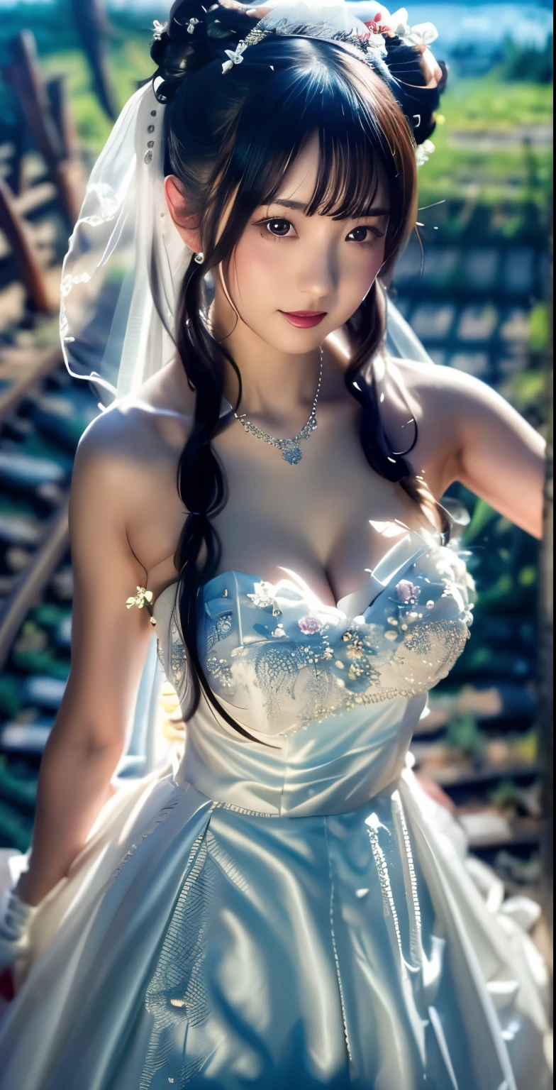 (((Pixel Perfect, Perfect details))), Solitary, 1 girl,bride, yuigahama yui, Keep your mouth shut,pink glossy lips,穿著bride禮服的特写,Gulwitz, (((bride頭紗))),(Transparent short veil),blush,Eyeshadow,Blushing face,Head flower,headgear,((Bouquet)),((((tube top wedding dress)))),(((Strapless Wedding Dress))),(Bare shoulders),Pure white dress,(((necklace))),((earrings)),(large breasts:1.3),Bangs,Lipstick,((White long elbow gloves)),Half-length photo,High Detail RAW Color Art,White long skirt,There is a railway track next to it,(standing on the railroad tracks:1.3),18 years old, (Long twin tails:1.5),(Double bun:1.5), Black Hair,night,Rainy Day