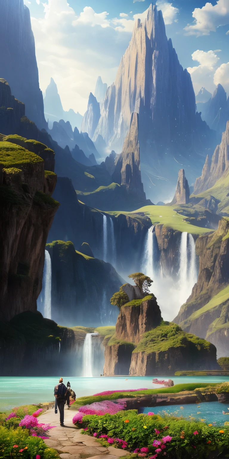 Masterpiece, best quality, high quality, extremely detailed CG unity 8k wallpaper, landscape, outdoor, sky, cloud, sky, no humans, mountain, landscape, water, tree, blue sky, waterfall, cliff, nature, lake, river , cloudy skies, award winning photography, bokeh, depth of field, HDR, bloom, chromatic aberration, photorealism, very detailed, trending on artstation, trending on CGsociety, intricate, high detail, dramatic, midjourney art