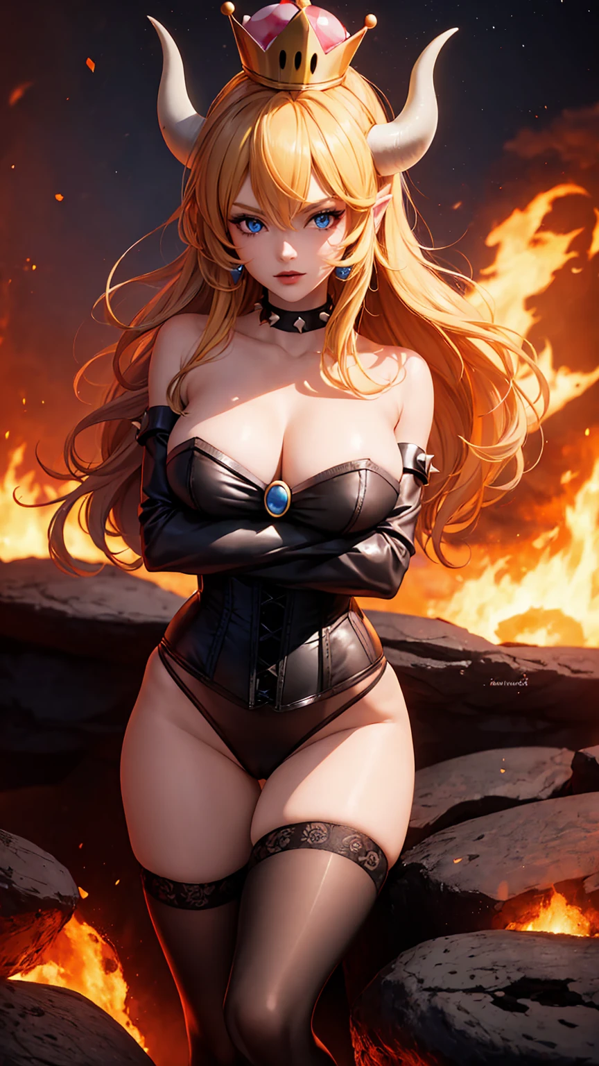 ((high detailed, best quality, 4k, masterpiece, hd:1.3)), ((best quality)), (((HD))), (((8k))), (ultraDH), (ultra HD), Princess Daisy, blue eyes, BREAK blue eyes, seductive, attractive, smooth anime cg art, 36C breasts, long legs, vivid colors, detailed digital art, slim body, perfect skin, dark blonde hair, long hair, blonde hair, blonde hair, BREAK crown, cleavage, 36C cleavage, looking at viewer, BREAK looking at viewer, extremely detailed face, red santa suit, red santa claus suit, santa claus suit, earrings, gem, dark black makeup lips, dark gothic eyeshadows, dark eyeshadows, black eyeshadows, black sexy lips, black lips, (dark:1.2), dark lips, very dark lips, (perfect hands, perfect anatomy), black makeup, black medium lips, black thick lips, detailed fingers, five fingers per hand, 5 fingers, (1 girl), detailed lips, detailed black lips, black painted lips, gothic painted lips, BREAK night, night sky, (breast focus), (arms outstreched:1.2), (from above:1.1), (breasts out:1.3), (off shoulder:1.1), (white horns), (corset), inside a lava castle, she inside a sea of lava, she bathing in lava, full body, perfect long legs, perfect foots, legs and foots into the lava,