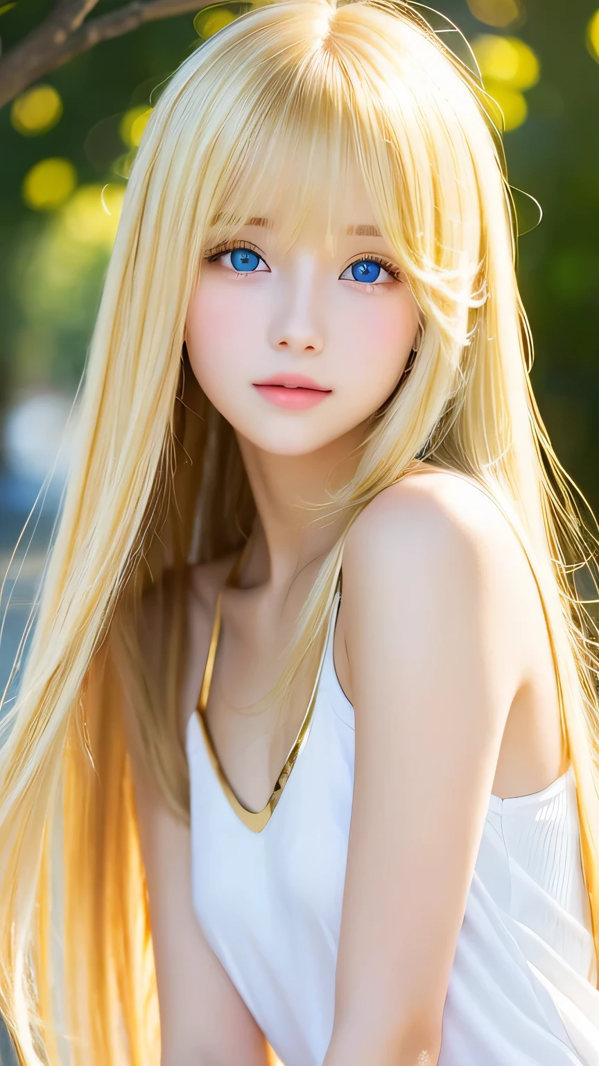 Beautiful super long straight silky hair with a dazzling golden shine、Bright expression、Blonde girl posing in a white top、Long golden bangs between the eyes,,、Glossy fair skin、Glowing Cheeks、Reality Girls、16-year-old girl、Beautiful girl with shining golden platinum blonde、Beautiful big bright blue eyes