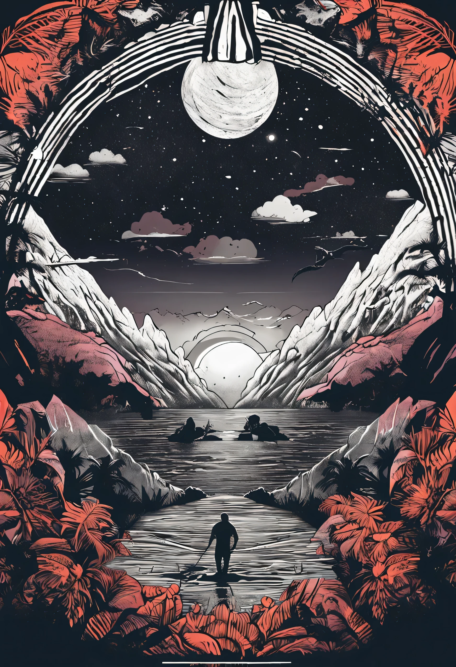 design para camiseta T-shirt, circular design, Camisa sucia, mochila en la espalda, 2d seth cohen illustration, Atlantic Forest, Epic light of Río de Janeiro, realista, cinematographic, - Fondo oscuro, en blanco y negro
