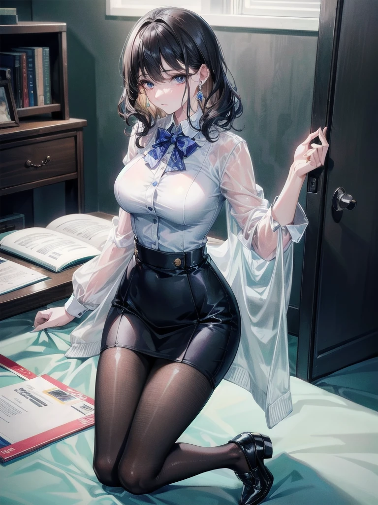 office lady suit, absurdres, RAW photo, extremely delicate and beautiful, masterpiece, Best Quality, ultra high resolution, 32k, hyperrealistic, ultra-detailed, detailed description, pale skin, 20 years old, tearful mole, earring, short medium hair, wavy hair, full body shot,