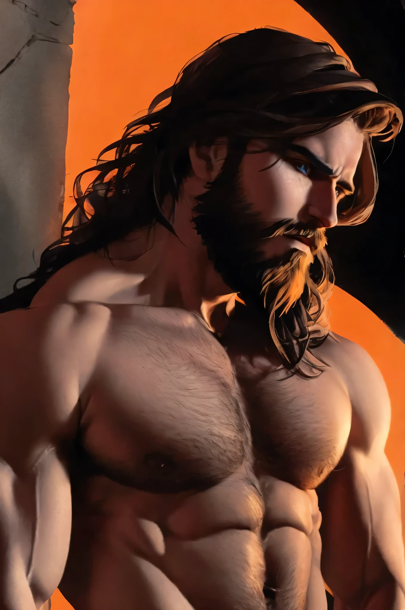 portrait, attractive bearded man,, defined muscles, medieval town, orange black blue, (sad), (atmosphere), coherent, continuity, epic, sharp lines