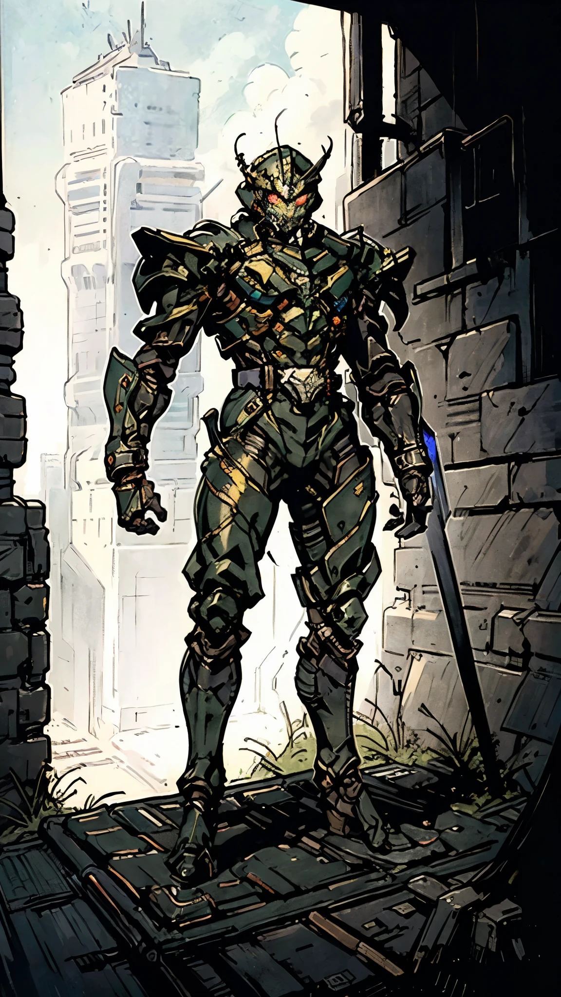 A man wearing a full-face helmet, a fantasy-style biotech armored combat suit, green eyes, (a composite layered chest armor), fully enclosed shoulder guards, matching arm and leg guards, the belt is adorned with Beetle-shaped gem, (the color scheme is primarily black with red accents), the design balances heavy with agility, a high-tech bio-mecha armor, (Armor Concept Inspired by Dynastinae, stand on the top of a skyscraper in a futuristic sci-fi city), this character embodies a finely crafted fantasy-surreal style armored hero in anime style, exquisite and mature manga art style, (element, plasma, energy, the armor glows), ((male:1.5)), metallic, real texture material, dramatic, high definition, best quality, highres, ultra-detailed, ultra-fine painting, extremely delicate, professional, perfect body proportions, golden ratio, anatomically correct, symmetrical face, extremely detailed eyes and face, high quality eyes, creativity, RAW photo, UHD, 32k, Natural light, cinematic lighting, masterpiece-anatomy-perfect, masterpiece:1.5+