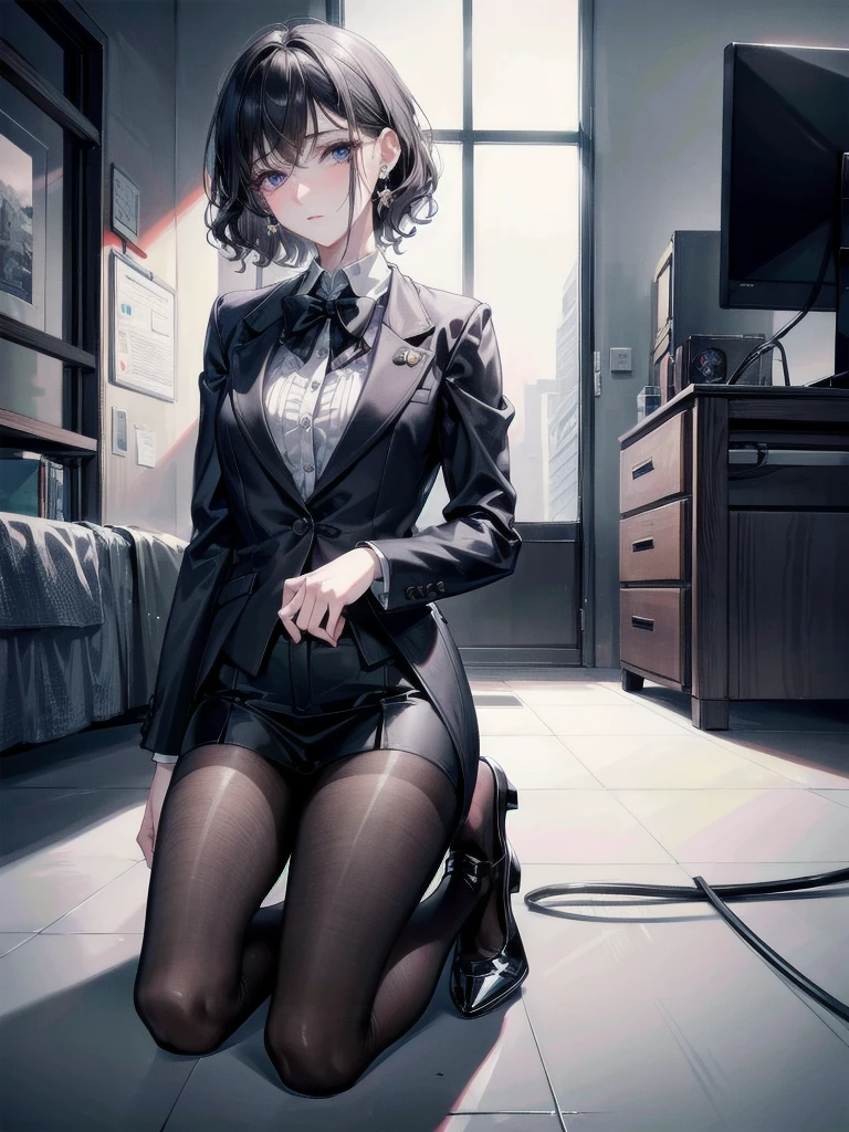 office lady suit, absurdres, RAW photo, extremely delicate and beautiful, masterpiece, Best Quality, ultra high resolution, 32k, hyperrealistic, ultra-detailed, detailed description, pale skin, 20 years old, tearful mole, earring, short medium hair, wavy hair, full body shot,