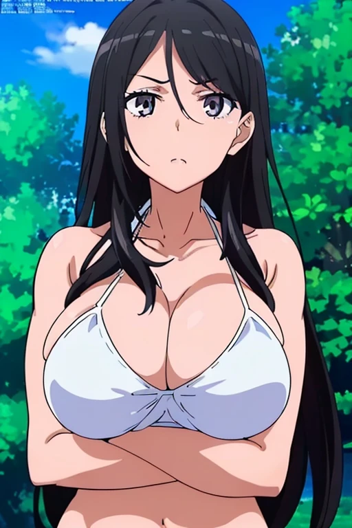 (masutepiece, Best Quality, High resolution, anime screen cap, anime colours, megami magazine:1.2, anime poster style, anime keyvisual, sharp, 8k, photorealistic), (beautiful eyes:1.5), Blowmailing, 1girl in, Cute, blush, (Long Black Hair), (natural large breasts:1.5), cleavage, (White Bikini:1.5), (perfect detailed crossed arms:1.5), upper body, ((Perfect Anatomy, beautifull detailed face, Beautiful detailed eyes, beautiful detailed hair, Beautiful detailed body)), thick outline, Beautiful outlines, black outlines