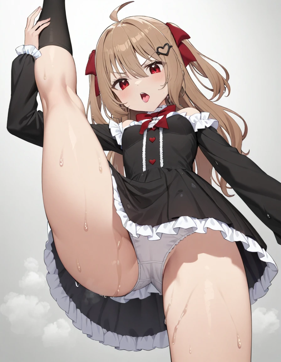 1girl, evil neuro-sama, (yuzu modoki), red eyes, light brown hair, ahoge, two side up, hair ribbon, dark red ribbon, heart hair ornament, black dress, frilled dress, off-shoulder dress, bare shoulders, frilled choker, long sleeves, red bow, red buttons, black heart, black socks, frilled socks, grey footwear, loafers, (masterpiece, best quality), highly detailed, finely detailed, wet, steam, looking at viewer, see-through dress, covered nipples, underwear, cleavage, collarbone, from below, simple background, stomach, split, standing split, standing on one leg, dress lift, upskirt, tongue out, open mouth, angry,