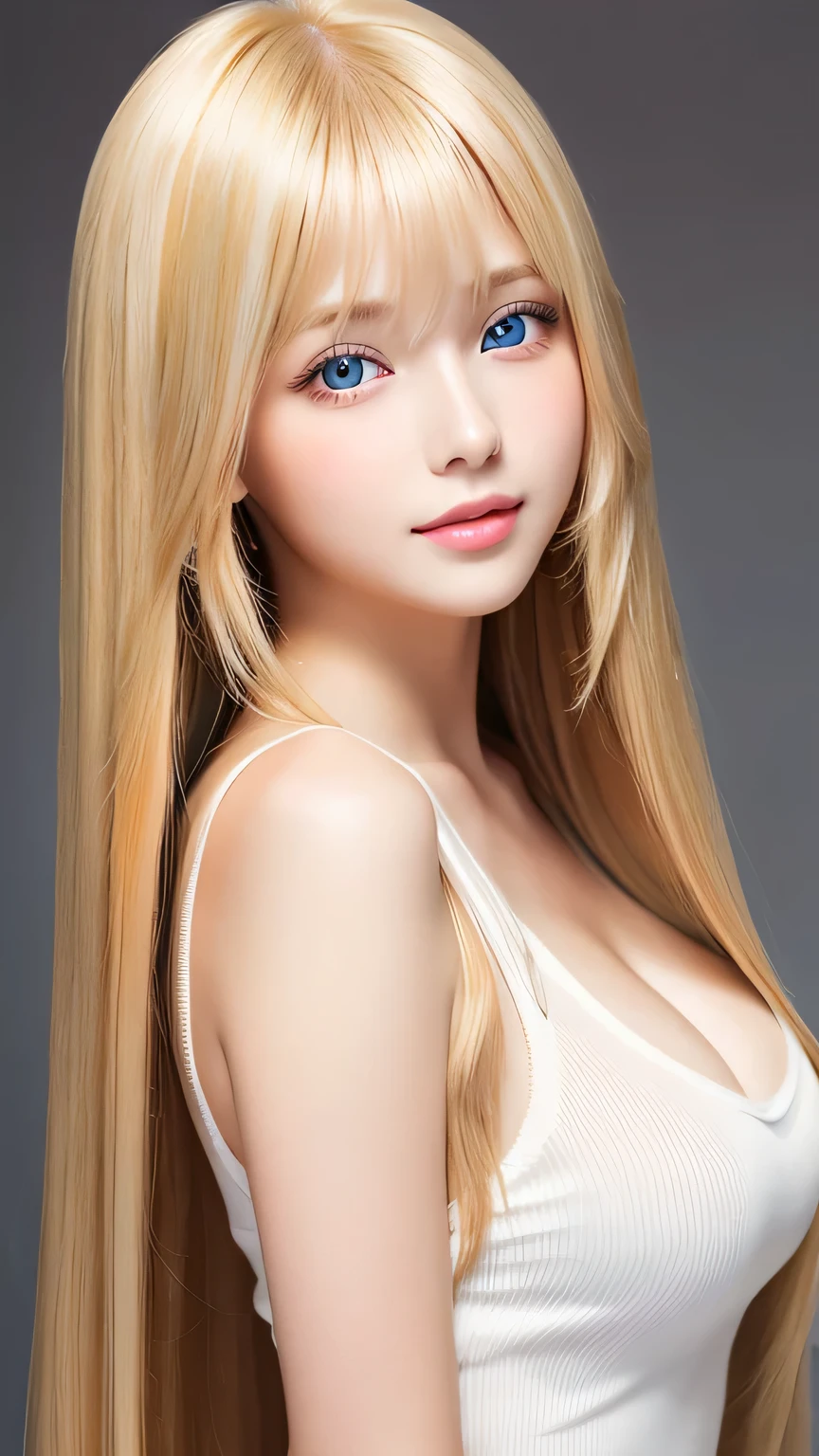 Beautiful super long straight silky hair with a dazzling golden shine、Bright expression、Blonde girl posing in a white top、Long golden bangs between the eyes,,、Glossy fair skin、Glowing Cheeks、Reality Girls、****************、Beautiful girl with shining golden platinum blonde、Beautiful big bright blue eyes