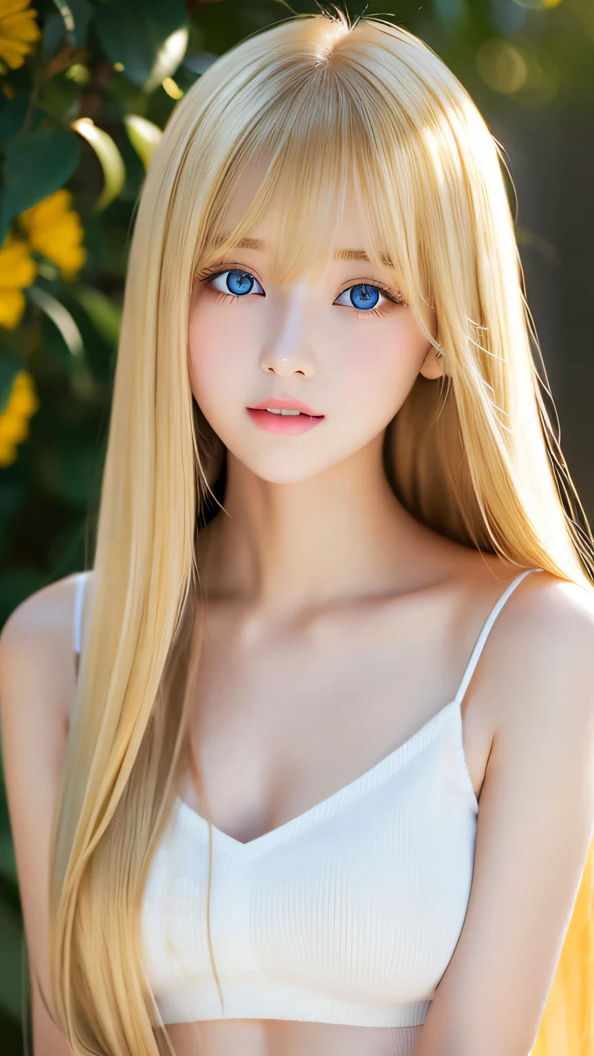 Beautiful super long straight silky hair with a dazzling golden shine、Bright expression、Blonde girl posing in a white top、Long golden bangs between the eyes,,、Glossy fair skin、Glowing Cheeks、Reality Girls、16-year-old girl、Beautiful girl with shining golden platinum blonde、Beautiful big bright blue eyes