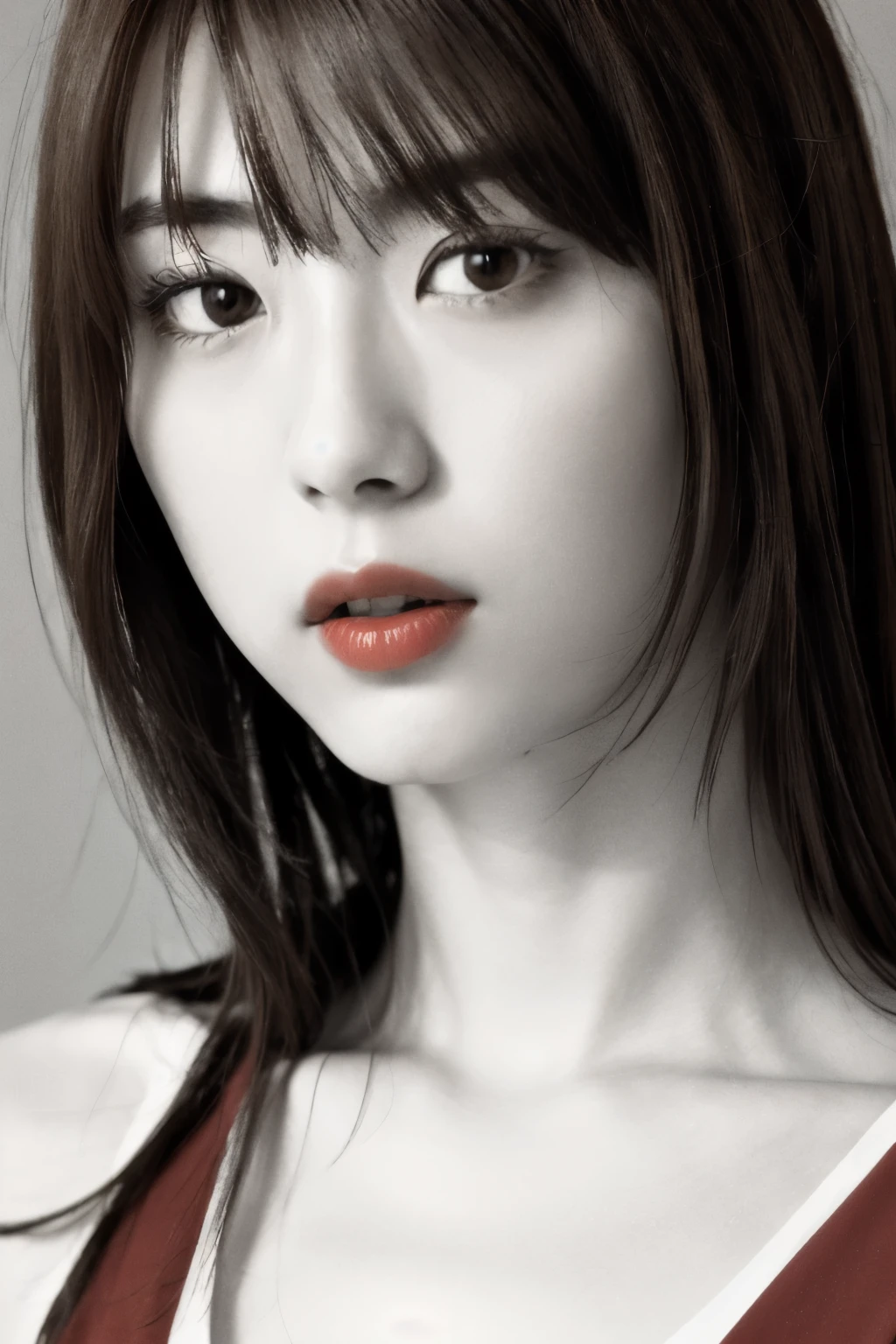 masterpiece, highest quality, Photoreal, Super detailed, High resolution, 8K wallpaper, ((monochrome photography)), 1 girl, Skinny Japanese woman, (((facing the front))), ((Only the lips are in red)), (monochrome photography), brown hair, detailed clavicle, perfect face, straight hair, ((look straight at the camera))