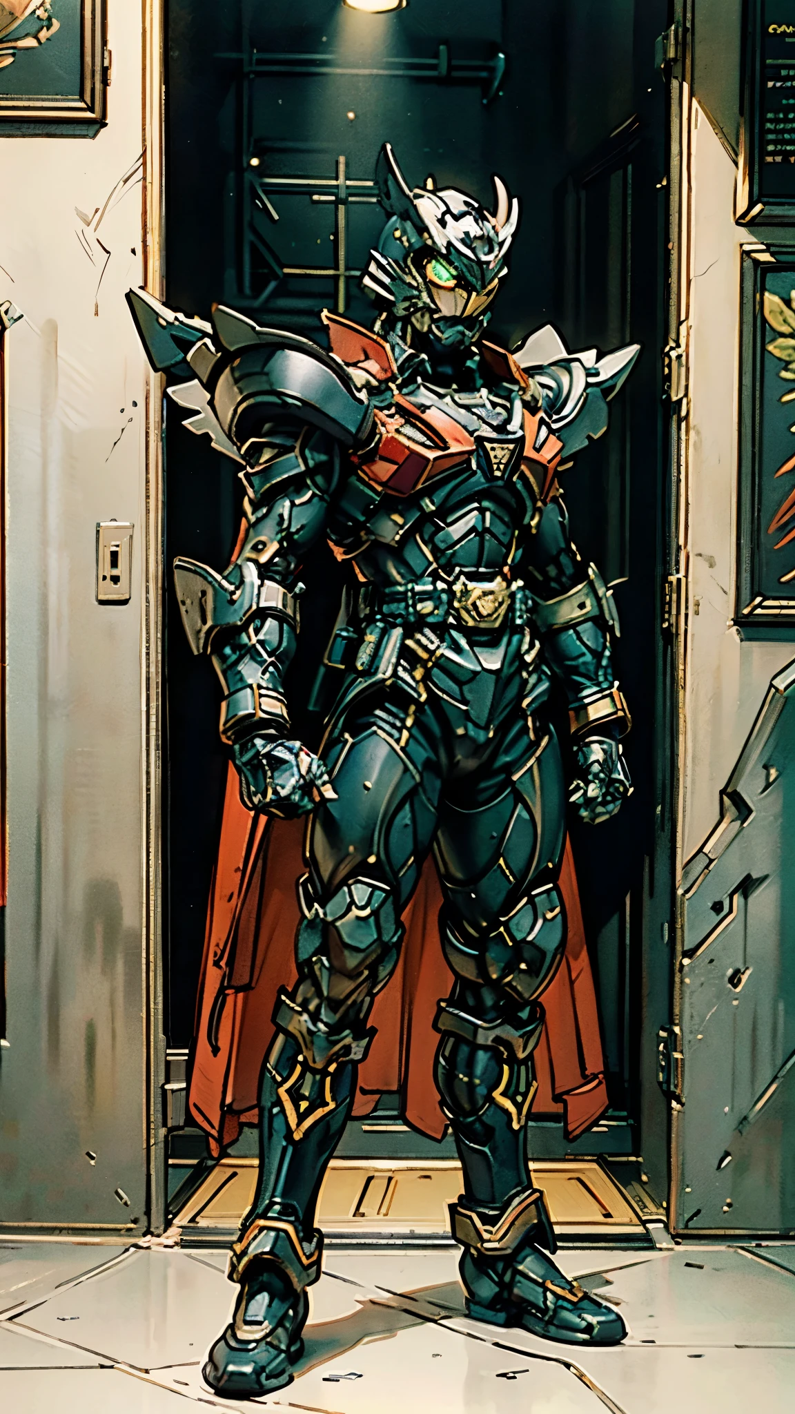 A man wearing a full-face helmet, a fantasy-style biotech armored combat suit, green eyes, (a composite layered chest armor), fully enclosed shoulder guards, matching arm and leg guards, the belt is adorned with Beetle-shaped gem, (the color scheme is primarily black with red accents), the design balances heavy with agility, a high-tech bio-mecha armor, (Armor Concept Inspired by Dynastinae, stand on the top of a skyscraper in a futuristic sci-fi city), this character embodies a finely crafted fantasy-surreal style armored hero in anime style, exquisite and mature manga art style, (element, plasma, energy, the armor glows), ((male:1.5)), metallic, real texture material, dramatic, high definition, best quality, highres, ultra-detailed, ultra-fine painting, extremely delicate, professional, perfect body proportions, golden ratio, anatomically correct, symmetrical face, extremely detailed eyes and face, high quality eyes, creativity, RAW photo, UHD, 32k, Natural light, cinematic lighting, masterpiece-anatomy-perfect, masterpiece:1.5