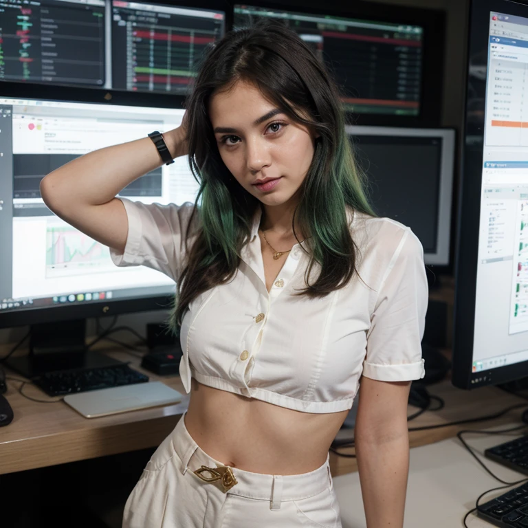 1girls, Nur, green Hair , 24 years old , Posing for Instagram while trading on the forex screen at the computer. She is wearing a crisp white shirt with high-waisted tailored trousers. The outfit is completed with a sophisticated black blazer and a sleek gold watch that symbolizes success.