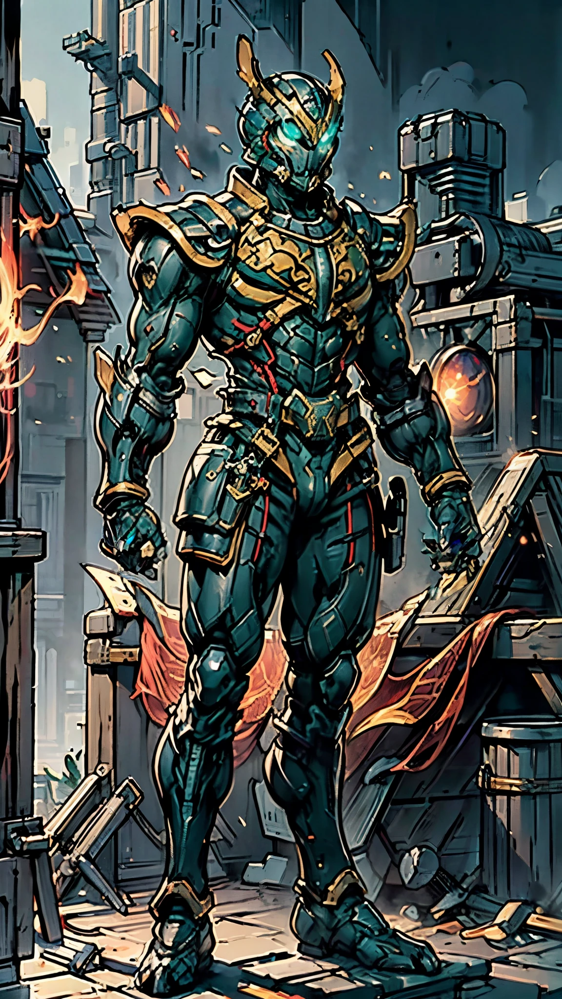 A man wearing a full-face helmet, a fantasy-style biotech armored combat suit, green eyes, (a composite layered chest armor), fully enclosed shoulder guards, matching arm and leg guards, the belt is adorned with Beetle-shaped gem, (the color scheme is primarily black with red accents), the design balances heavy with agility, a high-tech bio-mecha armor, (Armor Concept Inspired by Dynastinae, stand on the top of a skyscraper in a futuristic sci-fi city), this character embodies a finely crafted fantasy-surreal style armored hero in anime style, exquisite and mature manga art style, (element, plasma, energy, the armor glows), ((male:1.5)), metallic, real texture material, dramatic, high definition, best quality, highres, ultra-detailed, ultra-fine painting, extremely delicate, professional, perfect body proportions, golden ratio, anatomically correct, symmetrical face, extremely detailed eyes and face, high quality eyes, creativity, RAW photo, UHD, 32k, Natural light, cinematic lighting, masterpiece-anatomy-perfect, masterpiece:1.5