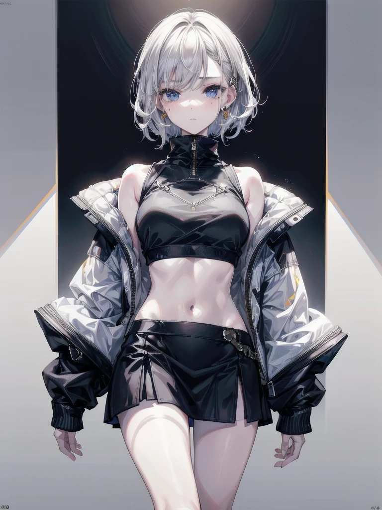 crop top, hoodie, mini skirt, absurdres, RAW photo, extremely delicate and beautiful, masterpiece, Best Quality, ultra high resolution, 32k, hyperrealistic, ultra-detailed, detailed description, pale skin, 20 years old, tearful mole, earring, short medium hair, wavy hair, whole body shot,