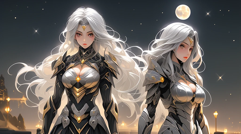 Girl with long silver hair, golden eyes, silver forehead protector, black armor, chest, cleavage, iron armor skirt, iron boots, long sword, night sky, moon