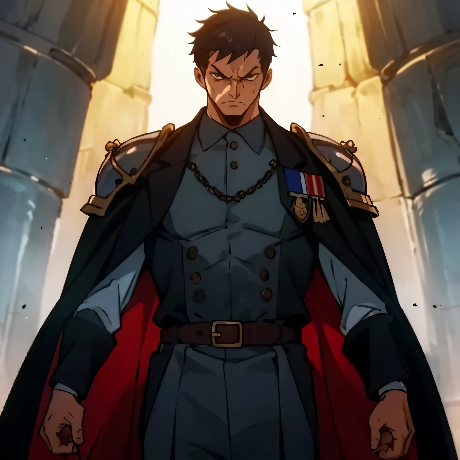 He is portrayed as a tall, homem em boa forma, com cabelo escuro curto e olhos penetrantes. Ele tem cicatrizes no olho , o resultado de batalhas passadas, and is often seen looking serious and determined. Ele esta vestindo uma roupa longa preta e uma bala clava