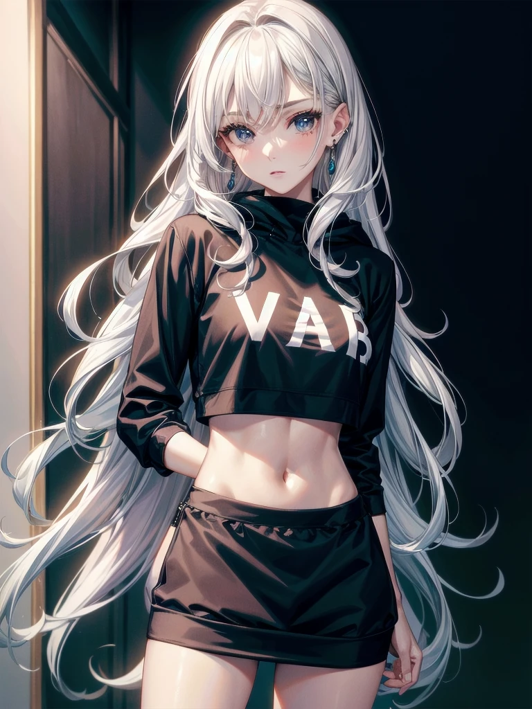 crop top, hoodie, mini skirt, absurdres, RAW photo, extremely delicate and beautiful, masterpiece, Best Quality, ultra high resolution, 32k, hyperrealistic, ultra-detailed, detailed description, pale skin, 20 years old, tearful mole, earring, short medium hair, wavy hair, whole body shot,