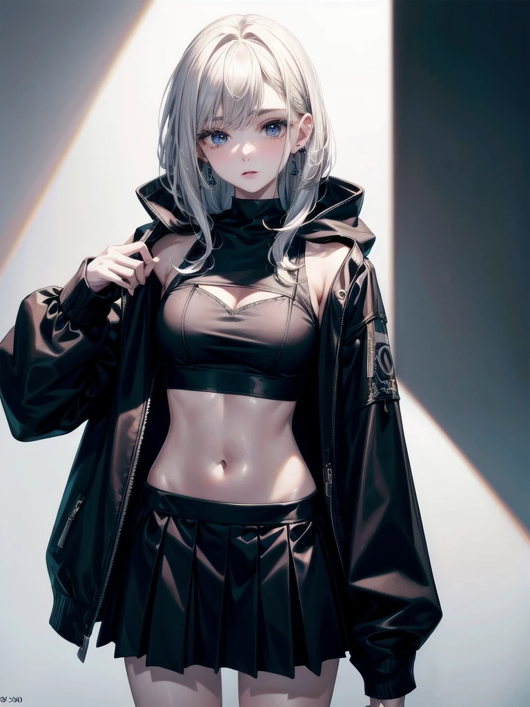 crop top, hoodie, mini skirt, absurdres, RAW photo, extremely delicate and beautiful, masterpiece, Best Quality, ultra high resolution, 32k, hyperrealistic, ultra-detailed, detailed description, pale skin, 20 years old, tearful mole, earring, short medium hair, wavy hair, whole body shot,