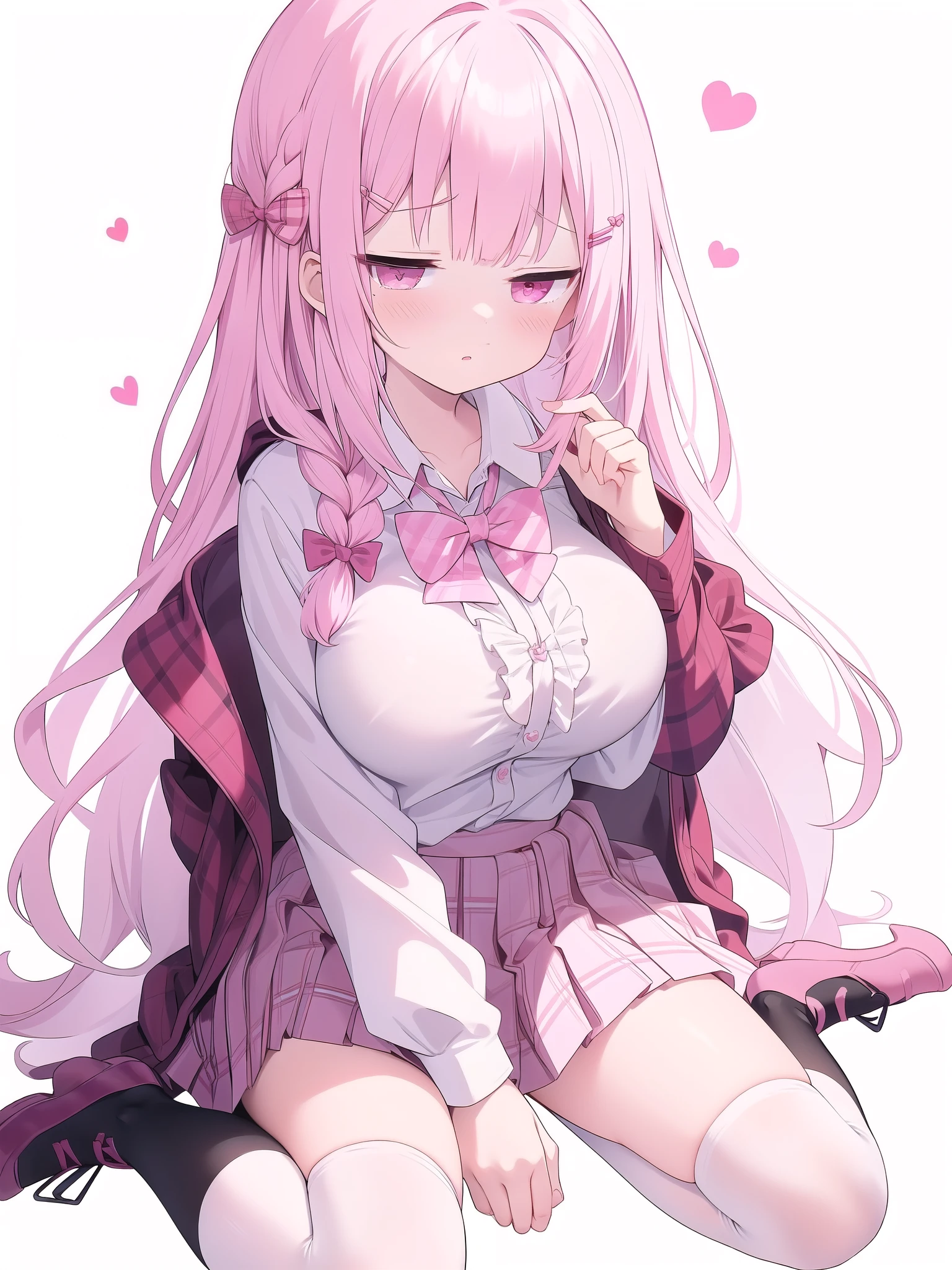 Pink Panties,Big breasts with legs spread,High Resolution 1girl Ahoge Bobby_pin bow bowtie braid brOwn_目s collared_shirt dojikko_Temporarily stop_shirt frilled_shirt_Color Free Joint_skirt frills hair_bow hair_ornament hairpin hand_in addition_Own_head, heart, heart_hair_Decorative hood_jacket jacket lin additiong_Pentagon Pink_hair plaid plaid_Ribbon Check_Pleated skirt_skirt shirt shoelaces shoes simple_background sitting skirt solo star_(symbol) twin_Braided Warisa White_Background intersection_Knee socks, whole body