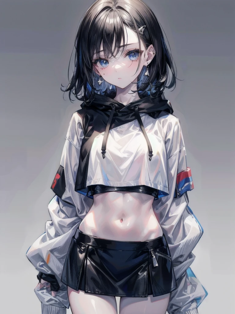 crop top, hoodie, mini skirt, absurdres, RAW photo, extremely delicate and beautiful, masterpiece, Best Quality, ultra high resolution, 32k, hyperrealistic, ultra-detailed, detailed description, pale skin, 20 years old, tearful mole, earring, short medium hair, wavy hair, whole body shot,