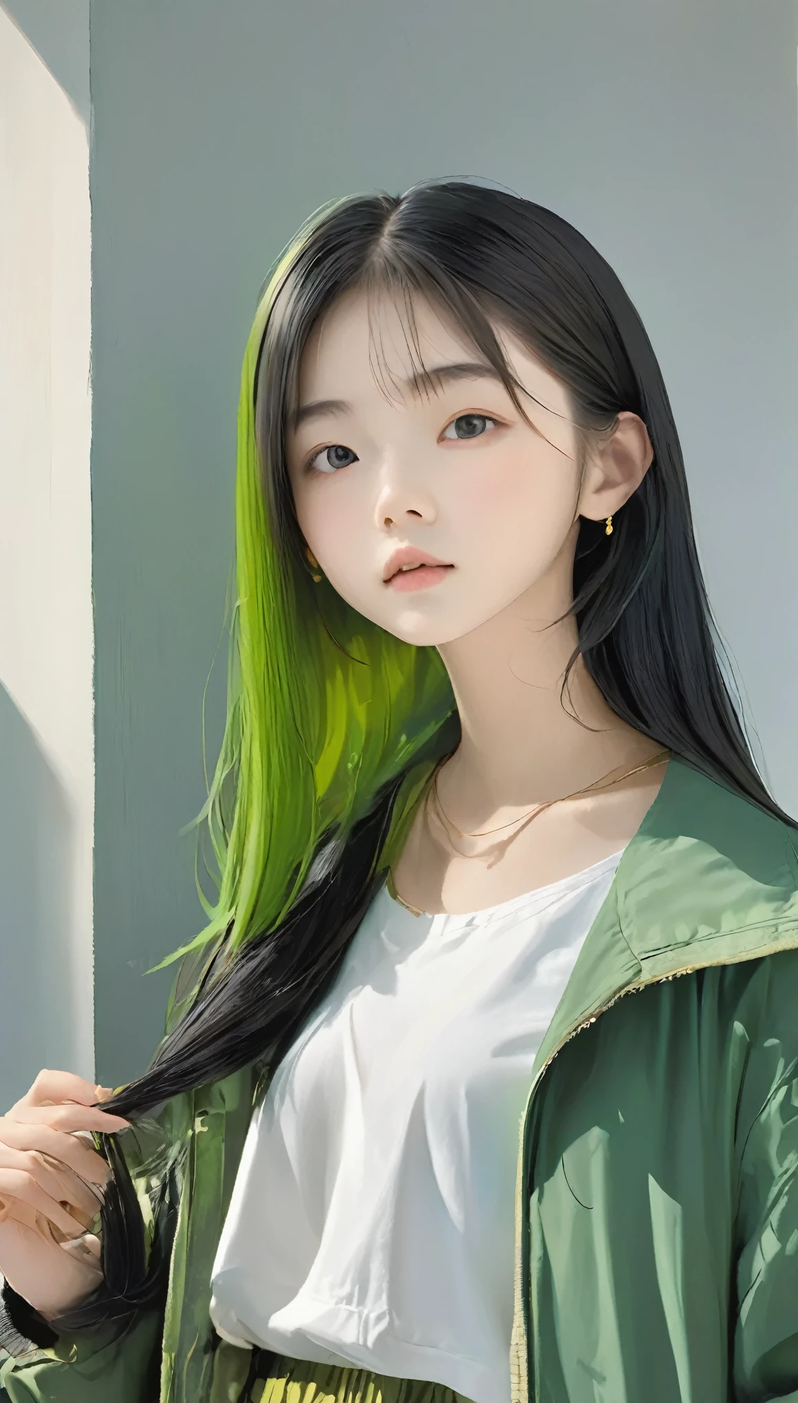 masterpiece、White Background、18-year-old female、Black and green hair girl、Casual attire such as a black or green jacket、Black-haired、Waist-length hair、Character setting diagram、The tips of the hair are golden、