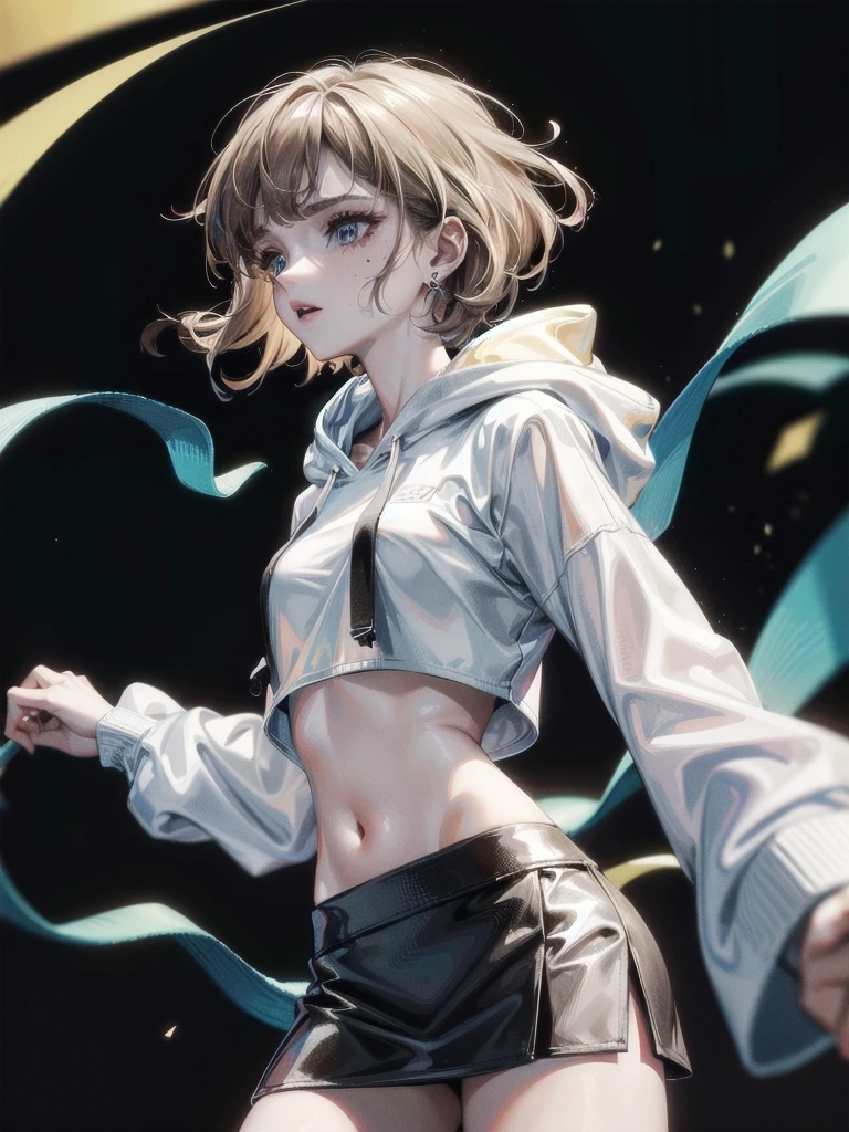 crop top, hoodie, mini skirt, absurdres, RAW photo, extremely delicate and beautiful, masterpiece, Best Quality, ultra high resolution, 32k, hyperrealistic, ultra-detailed, detailed description, pale skin, 20 years old, tearful mole, earring, short medium hair, wavy hair, whole body shot,